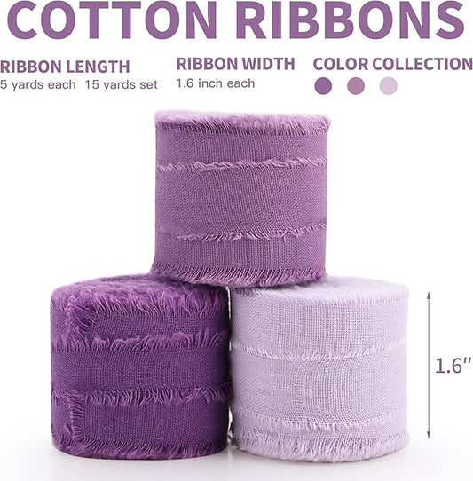 Purple Ribbon 1-1/2 x 15 Yards Handmade Cotton Frayed Fringe Fabric Ribbons for Crafts Flower Bouquets Wedding Baby Shower Home DIY Decor