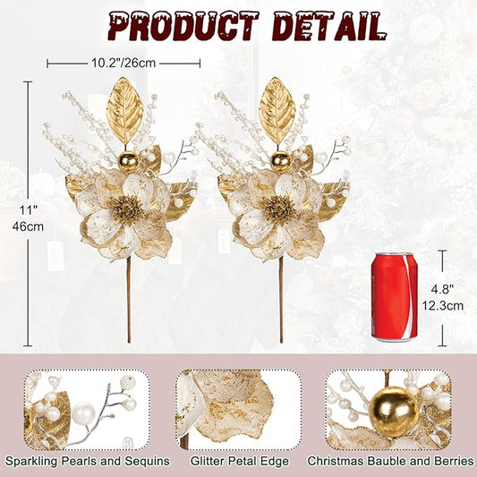 Briful 2PCS Christmas Glitter Magnolia Flowers Picks and Spray with Christmas Balls Ornament Berries Gold Leaves Branches for Xmas Tree Wreath Vase Centerpiece Floral Arrangement (White Gold)