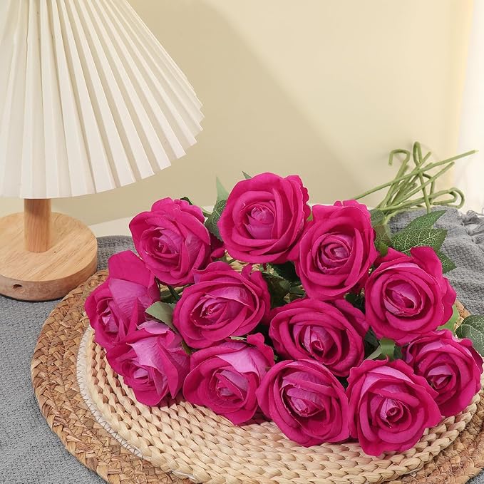 50Pcs Fuchsia Roses Artificial Flowers Fake Roses Faux Velvet Silk Flower for Home Wedding Decoration (Pearl Rose, Fuchsia)