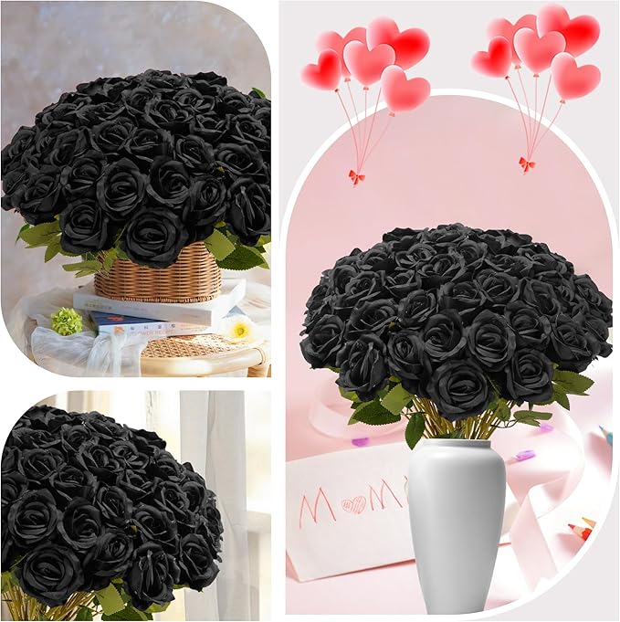 Black Roses Artificial Flowers Bulk, 52Pcs Fake Roses Flower Arrangement, DIY Silk Flowers Roses Bouquet, Realistic Faux Artificial Roses for Mother's Day Home Table Decor