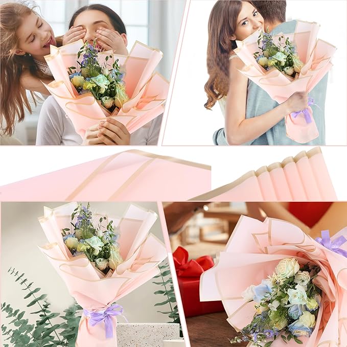 YIDATIKER 20 sheet Flower Wrapping Paper,waterproof floral wrapping paper for bouquets,DIY Florist Supplies Packaging Paper with satin ribbon for Wedding,Brithday,Valentine's Day(Pastel Pink