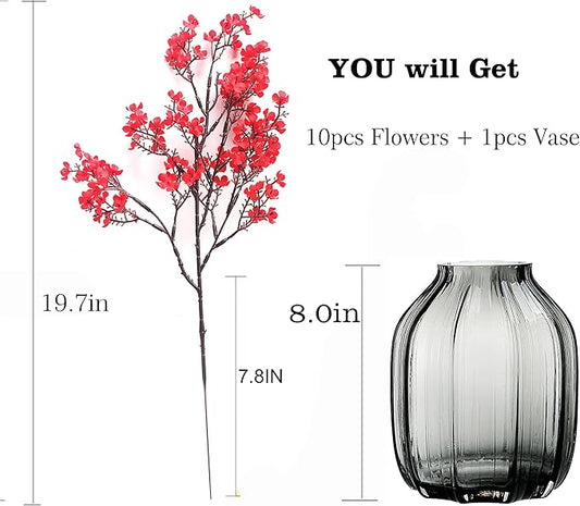 JAKY-Global 10pcs Babys Breath Artificial Flowers with Vase Gypsophila Bouquet Bulk Fake Spring Silk Flowers Real Touch Faux Floral for Home Bedroom Kitchen Garden Wedding Christmas DIY Decor (Red)