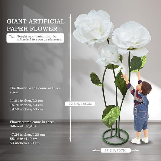 3pc Large Flowers Artificial Flower Decoration, Giant Artificial Flower Art Large Fake Rose Flowers for Wedding Baby Shower Birthday Christmas Party Banquet Backdrop Shop Window Display Props (White)