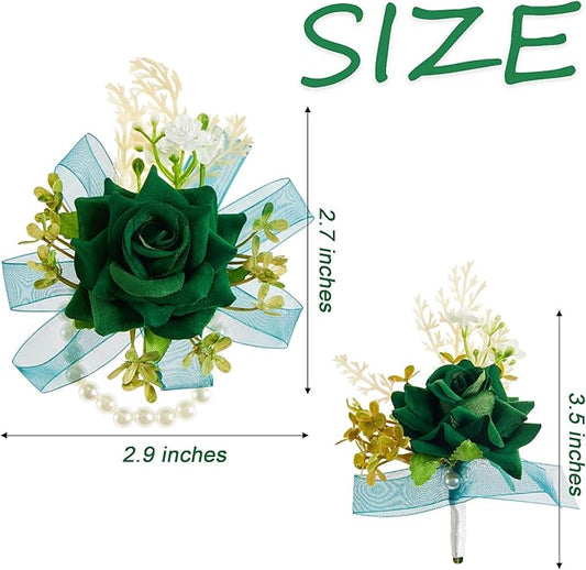 SITUMEIZI 2Pcs Green Corsage and Boutonniere Set Corsage Wristlet for Prom Decor Boutonniere for Men Wedding Flowers Accessories Party Suit Decoration