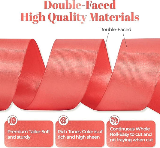 Coral Satin Ribbon, Double Faced 1-1/2 Inch X 50 Yards Coral Ribbon, for Gift Wrapping, Crafts, Hair Bow Making, Sewing, Flower Bouquet, Wedding Party Decor