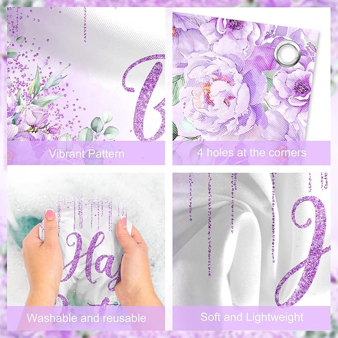 Avezano Happy Birthday Backdrop Banner for Girls Women Happy Birthday Party Decorations Floral Glitters Bday Banner Party Supplies (Purple, 7x5ft)