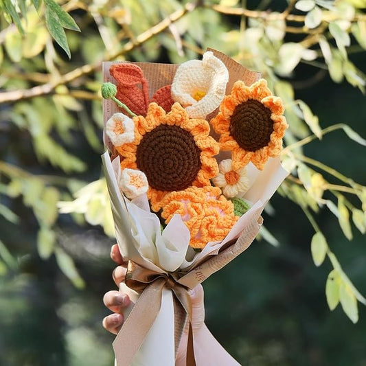 Crochet Flower Bouquet Crochet Flowers Gift for Her Wife Women for Graduation Birthday Wedding Anniversary Handmade Crochet Bouquet with Sunflower Lily of the Valley Calla Lily Carnation (Vintage)