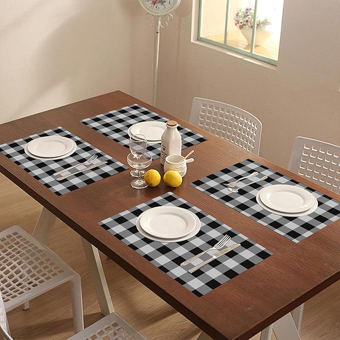 Buffalo Check Placemats Set of 4 Black and White Dining Place Mats Linen Table Mat for Farmhouse Home Kitchen Decor 12 X 18 Inch