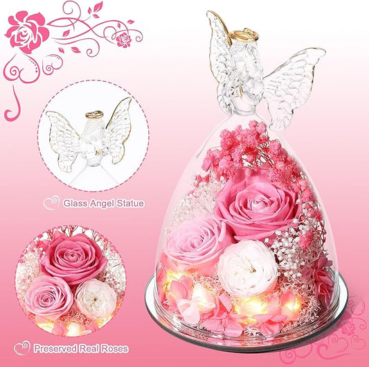 Christmas Rose Gifts for Women Preserved Real Flower in Glass Angel Figurines Roses for Delivery Prime Birthday Gifts for Mom Grandma Girlfriend Wife Her,Pink Austin Roses