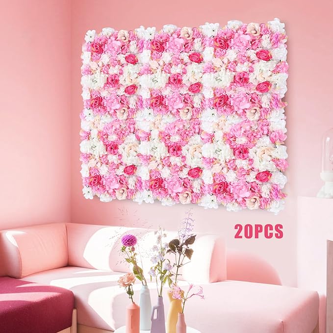 20 Pack Flowers Wall Panels Artificial Floral Wall Mat Handmade 3D Silk Rose Hydrangea Dahlia Floral Panels for Photo Background Home Party Wedding Backdrop Decoration, 24 x 16 inch (D)