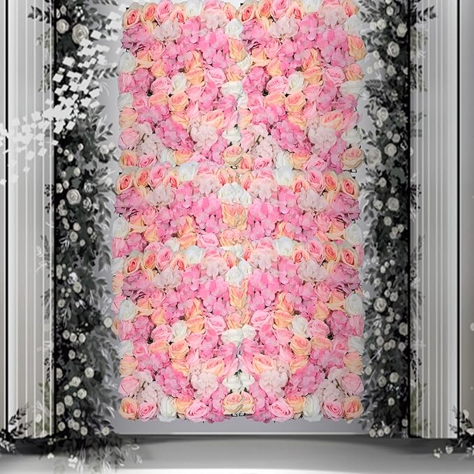 16"x 24" Artificial Flower Wall Panels,Flower Wall Mat Silk Flower Panels for Outdoor Garden Backyard Fence Fence Privacy Screen and Indoor Wall Decor (4Pcs Pink+Champagne+White)