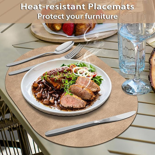 ADRIMER Placemats, Heat Resistant Oval Place Mats Set of 12 Washable 12 x 17 Inch, Waterproof Table Mats Set of 12, Wipeable Faux Leather Placemats for Kitchen, Dining Room, Apricot