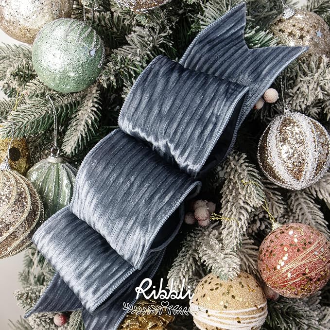 Ribbli Glossy Dusty Blue Velvet Wired Ribbon 4 Inch Striped Velvet Christmas Ribbon for Gift Wrapping Christmas Tree Decoration Crafts Wreaths Supplies-Continuous 10 Yards