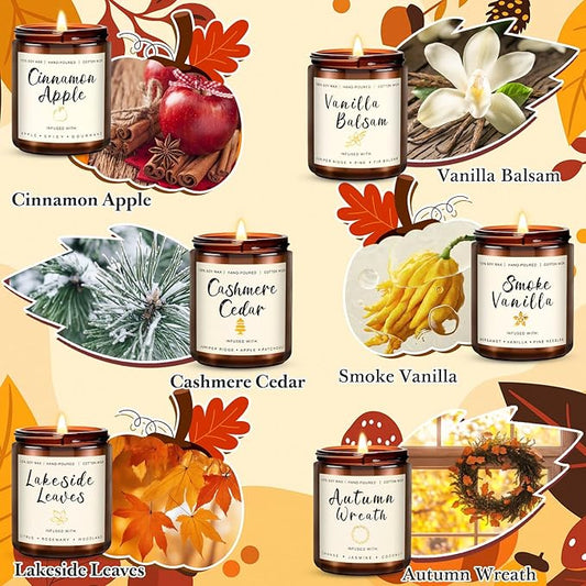 6 Pack Fall Winter Scented Candles for Home, Candles Gifts Sets for Women Men Birthday Thanksgiving Christmas, 7.1Oz Large Jar | Long Lasting Soy Wax Candles with Cinnamon Apple, Smoke Vanilla