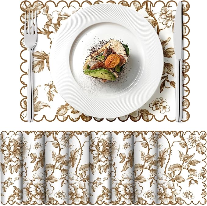 100 Pcs Brown Floral Paper Placemat Scalloped Disposable Chinoiserie Paper Table Placemats Brown Place Mats for Birthday Wedding Banquet Holiday Party
