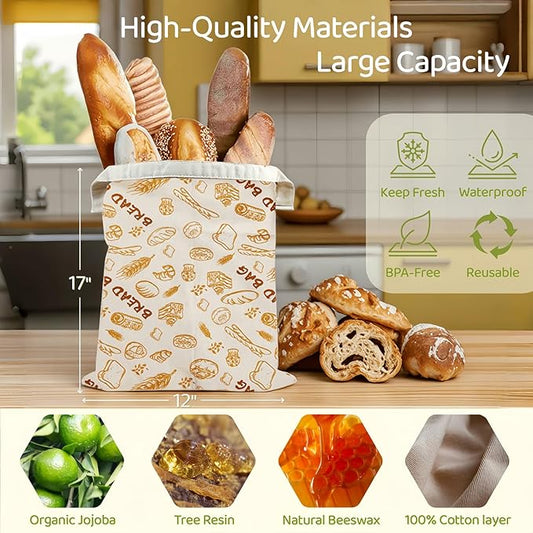 2 Pack XL Beeswax Bread Bags with Zipper Seal – Reusable Cotton Linen Waxed Bread Bags for Homemade Bread, Sourdough Storage, Eco-Friendly Bees Wax Bag Alternative to Plastic (2)