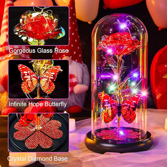 Pusuny Christmas Rose Gifts for Women Birthday Gift Galaxy Glass Rose Forever Eternal Crystal Flower Light Up Roses in Glass Dome with Butterfly Xmas Gifts for Women Mom Grandma Wife Her Sister Red