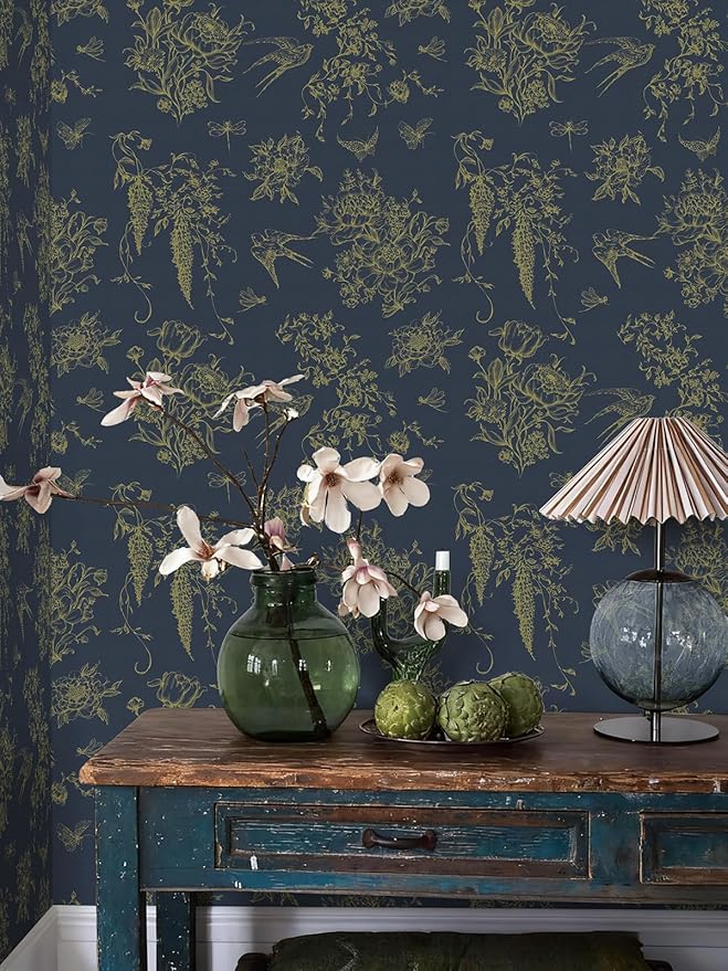 Floral Birds Wallpaper Peel and Stick Dark Blue Contact Paper 16.9”x 118.1” Vintage Floral Self Adhesive Removable Wallpaper Flower Birds Wall Paper for Bathroom Kitchen Decor Vinyl
