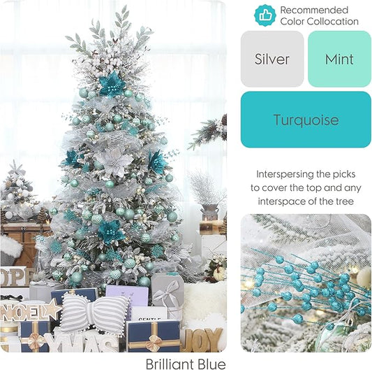 Sea Team 24-Pack Artificial Glitter Berry Stem Ornaments, Decorative Bead Sticks, Glittery Twigs, Picks, Branches for Christmas Tree, Small Vase, Holiday, Wedding, Party (17 Inches, Turquoise)
