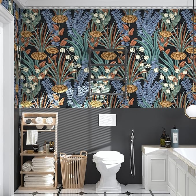 Boho Floral Wallpaper Peel and Stick, Vintage Botanical Wall Paper, Self Adhesive Wall Mural 17.5" x 78.7" Tropical Retro Contact Paper Waterproof for Bedroom Walls Cabinet (Black, Orange, Blue)