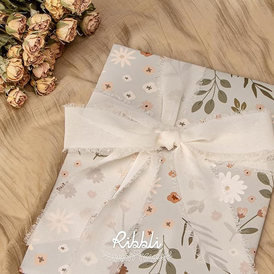 Ribbli Cream Chiffon Ribbon 1-1/2 inch x 20 Yard Handmade Fringe, Chiffon Silk Vanilla Cream Ribbon for Wedding Invitations, Bridal Bouquets, Flower Arrangement Decoration
