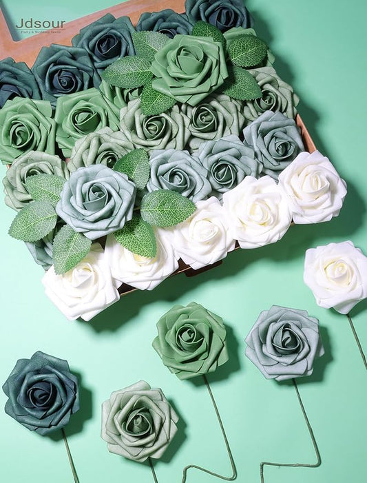 25pcs Artificial Flower,Real Looking Foam Roses w/Stem for DIY Wedding Bouquets Centerpieces Bridal Shower Party Decor-Shades of Army Green