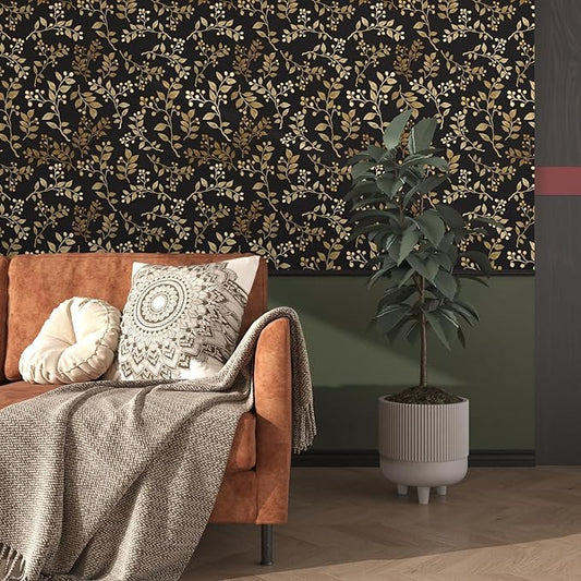 Dark Floral Peel and Stick Wallpaper, Vintage Gold Leaf Self-Adhesive Contact Paper for Bedroom Stair Shelves Drawer, Modern Black Yellow Gold Vinyl Removable Wallpapers 17.5In x 9.8Ft