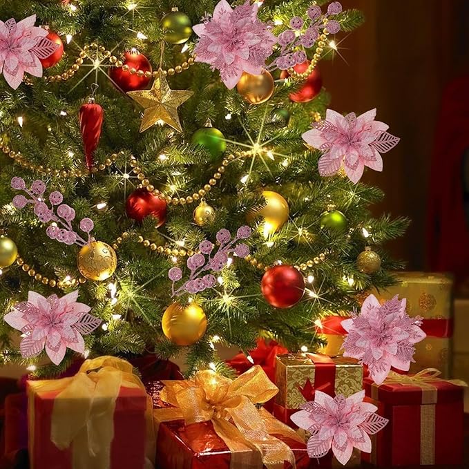 24 Pcs Pink Boxed Christmas Poinsettia Flowers Set, 16 Pcs Artificial Poinsettias with Clips, 8 pcs Glitter Christmas Tree Ornaments Berry Stems for Wedding Home Holiday Xmas New Year Decorations