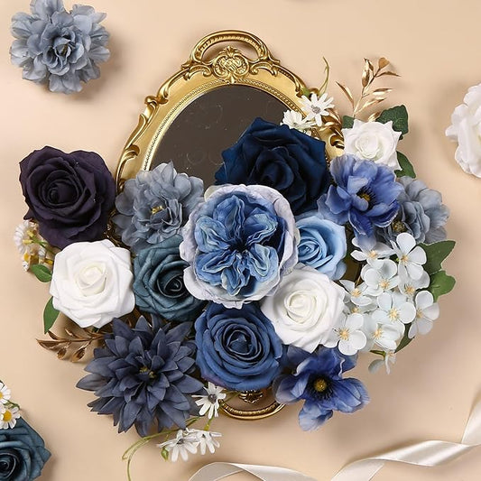 Dusty Blue Roses Silk Artificial Flowers Combo for DIY Bouquet Centerpieces Floral Arrangements, Navy Blue White Faux Flower with Stem Multi Use Wedding Party Home Decorations