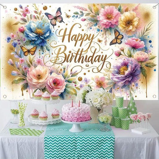 Floral Birthday Backdrop for Girls Spring Butterfly Happy Birthday Photography Background Pink Flower Blossom Plant Pastel Girls Lovely Princess Banner Photo Booth Studio 70.8 x 43.3 Inch