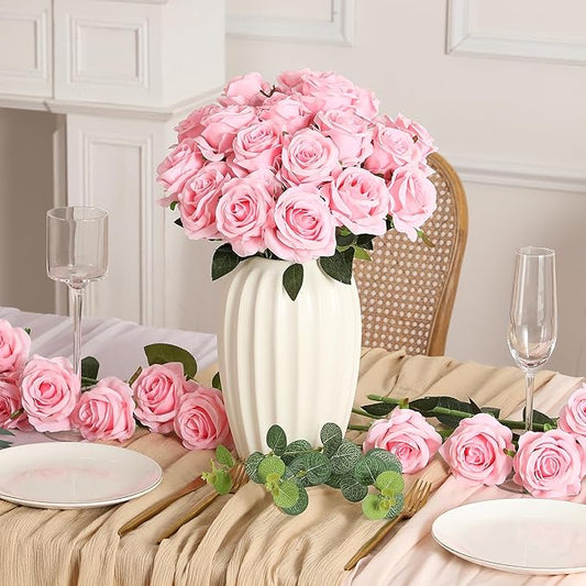 Kisflower 60 Pcs Pink Roses Artificial Flowers Bulk, Silk Roses with Stems Realistic Roses Artificial for Decoration DIY Wedding Bouquet Bridal Shower Party Home Table Centerpieces Decor (Pink)