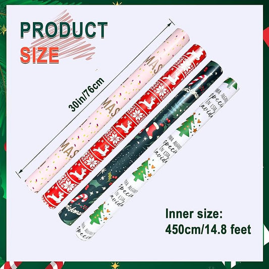 4 Rolls Christmas Wrapping Paper, 30 Inch x 14.8 Feet per Roll, Totaling 148 sq. ft. – Reindeer, Tree, Snowflake & Pink Letter Designs, Eco-Friendly & Durable Gift Wrap for Christmas Presents and Holiday Decorations