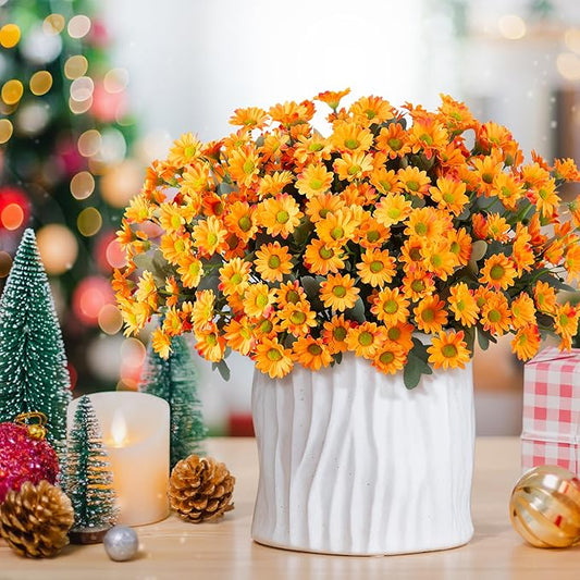 Daisy Artificial Flowers for Outdoors Winter Decoration, 6 Bundles Fake Mums Orange Silk Flowers for Outside Look Real UV Resistant Fake Plants Faux Flowers for Planter Front Door Home Indoor Urn