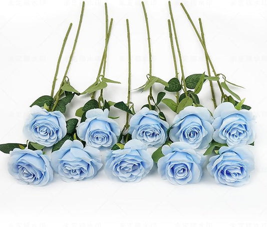 Flojery 10pcs Sky Blue Silk Roses Artificial Rose Flowers Long Stem for DIY Wedding Bouquet Table Centerpiece Home Décor
