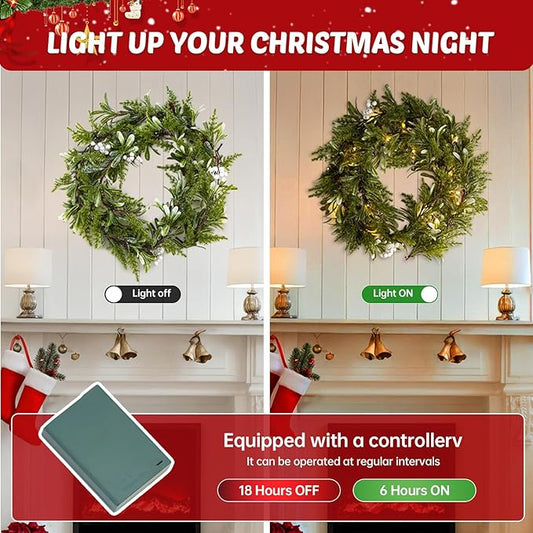 2Pack 6FT Christmas Garland – Artificial Greenery Olive Garland with White Berries, Pinecones & 20 Warm LED Timer Lights – Holiday Garland for Home, Wedding, Party Decorations
