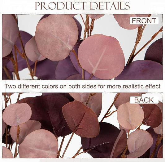 Maroon Eucalyptus Stems Fake Eucalyptus Leaves 34” Long Silver Dollar Leaves 5 Pcs Silk Eucalyptus Stems for DIY Bouquet Arrangements Centerpieces Shower Decorations-Artificial Eucalyptus Spray