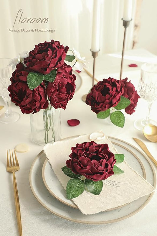 Floroom Artificial Flowers 16pcs 4" Burgundy Blooming Peonies Real Looking Foam Fake Peony with Stems for DIY Wedding Bouquets Dark Red Bridal Shower Centerpieces Floral Arrangements Tables Decoration