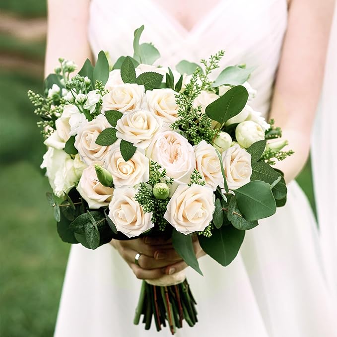Mocoosy 50Pcs Rose Artificial Flowers, Cream White Fake Roses for Decorations, Real Touch Beige Foam Rose Bulk with Stems DIY Wedding Bouquets Floral Arrangements Bridal Shower Party Home Table Decor