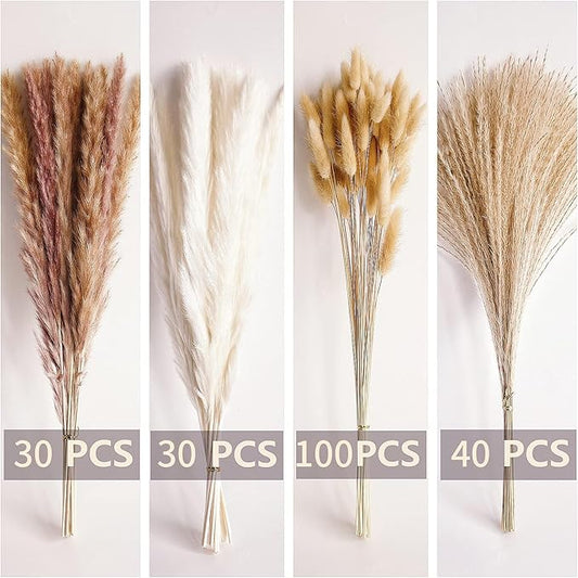 200 PCS Small Boho Pampas Grass, 17" Naturally Dried Pompas, Pampas Grass Decor for Wedding , Boho Party Decorations, Table Decor(Brown and White)