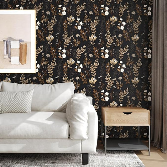 Black Floral Peel and Stick Wallpaper 17.4" x 197" Vintage Dark Gold Leaf Contact Paper Waterproof Self-Adhesive Vinyl Wall Covering for Bedroom Bathroom Countertop Cabinets, Boho Wall Decor
