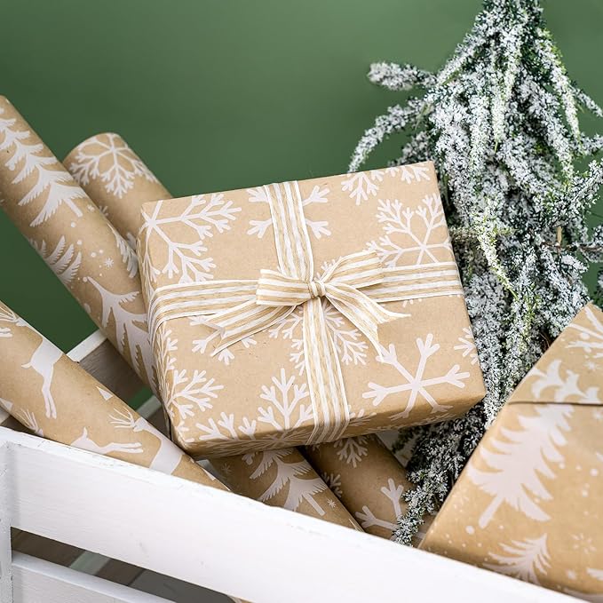 WRAPAHOLIC Kraft Christmas Wrapping Paper Roll - Mini Roll - 3 Rolls - 17 Inch X 120 Inch Per Roll - White Christmas Tree, Reindeer, Snowflake Holiday Collection