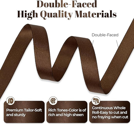 Brown Satin Ribbon, Double Faced 1/2 Inch X 50 Yards Brown Ribbon, Premium Satin Ribbon for Gift Wrapping, Crafts, Hair Bow Making, Sewing, Flower Bouquet, Wedding Party Decor