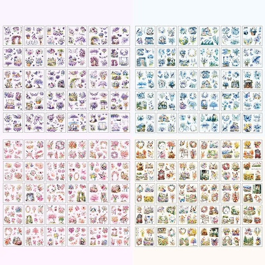 Floral Stickers Set,4 Colors 120 Pages Waterproof PET Flower Stickers for Scrapbooking, Journaling, Junk Journal Supplies, Bullet Journal Planner Decorations