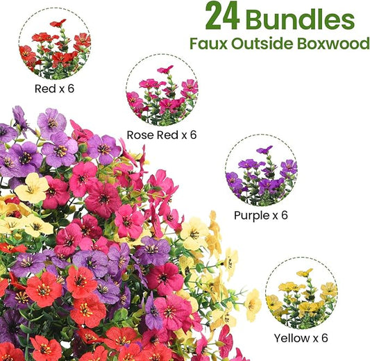 24 Bundles Artificial Flowers for Outdoor Indoor Garden Home Decoration, Look Real for Front Door Porch Patio Yard Balcony, Faux Flower Daisy with Eucalyptus Leaves Fake Plants, 4 Colors