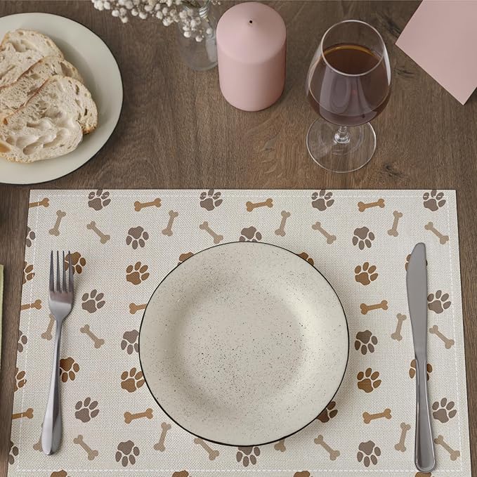 Puppy Themed Placemats Set of 4, Dog Paw Print Table Mat for Home Kitchen, Restaurants, Outdoor Linen Washable Place Mats 12x18 inch Party Event Dining Decoration-09