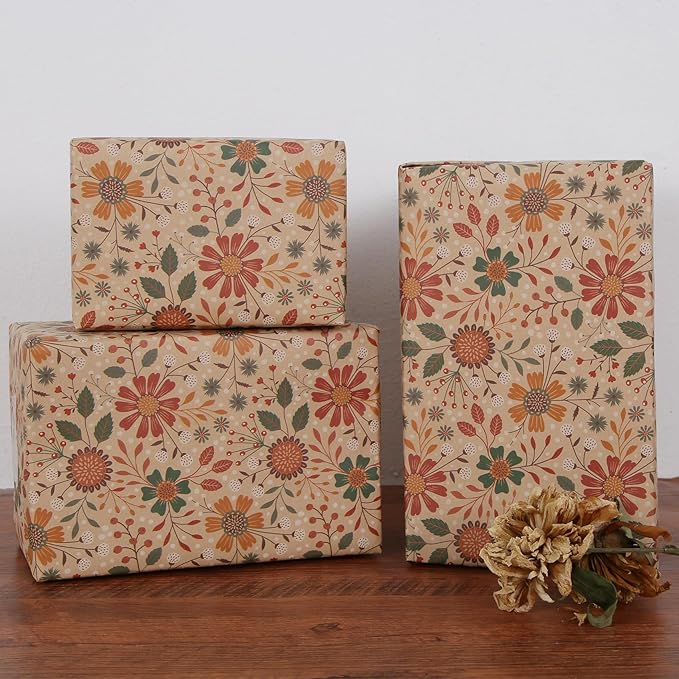 Aimyoo Floral Kraft Wrapping Paper Jumbo Roll, All Occasion Vintage Flower Gift Wrap for Wedding Birthday Bridal Shower, 17 inch x 60 ft