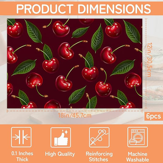 Cherry Table Mats Set of 6,Red Non-Slip Washable Placemats for Restaurant Home Kitchen Dinner Table 12x18Inch