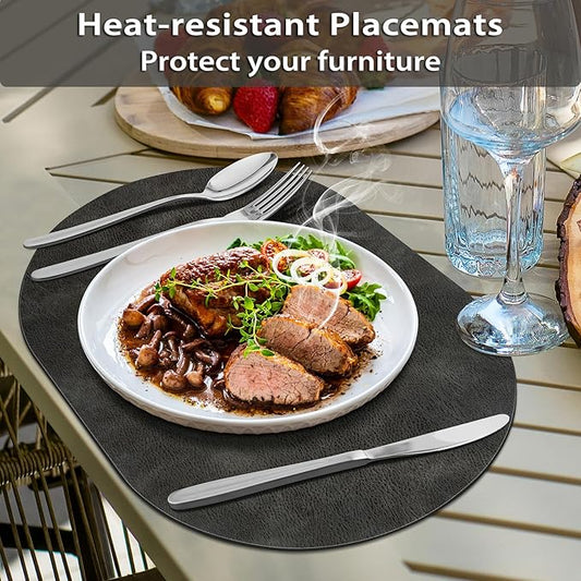 ADRIMER Placemats, Heat Resistant Oval Placemats Set of 6 Washable 12 x 17 Inch, Waterproof Table Mats, Wipeable Pu Place Mats for Kitchen, Dark Grey