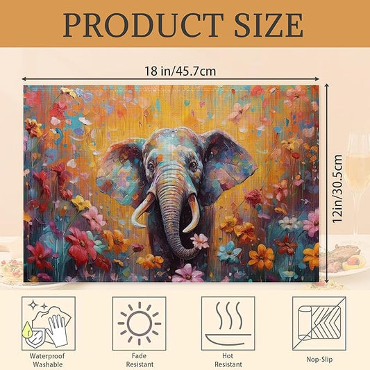 Elephant with Flowers Watercolor Placemats Set of 6 Washable Table Mats for Kitchen Dining Table,Heat-Resistant Place Mats for Indoor Outdoor Party Holiday Decoration