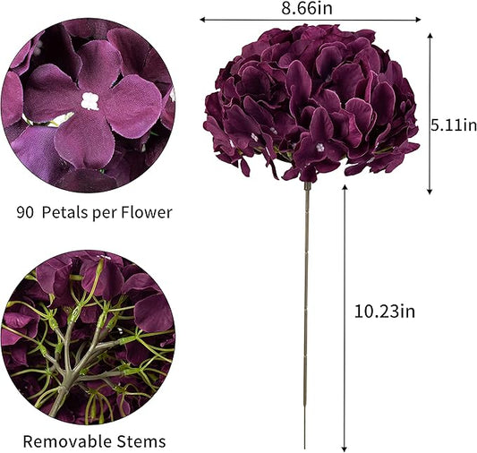 DuHouse Silk Hydrangea Artificial Flower Heads with Stems Fake Hydrangeas Flowers for DIY Wedding Centerpiece Home Decor,Pack of 6(Plum)